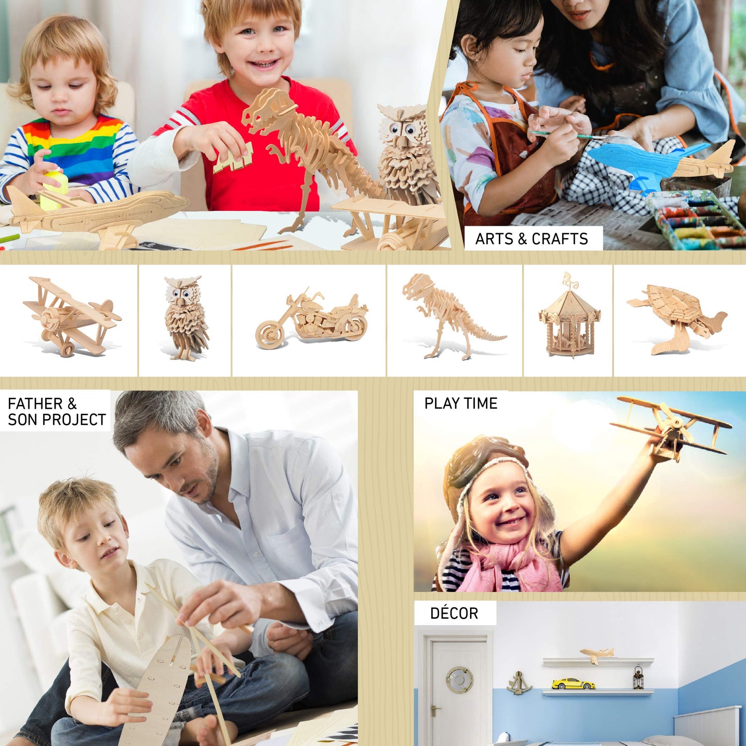 Puzzled 747 Jet Plane 3D Puzzle Wood Craft Construction Kit Aircraft, Fun & Educational DIY Wooden Toy Assemble Model Unfinished Craft Hobby Airplane Puzzled