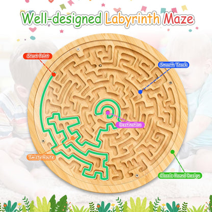 Wooden Labyrinth Board Game, Round Marble Balls Maze, Maze Puzzle with Two Metal Balls, Toddler Activity Board for Education, Puzzle Logic Game Toy