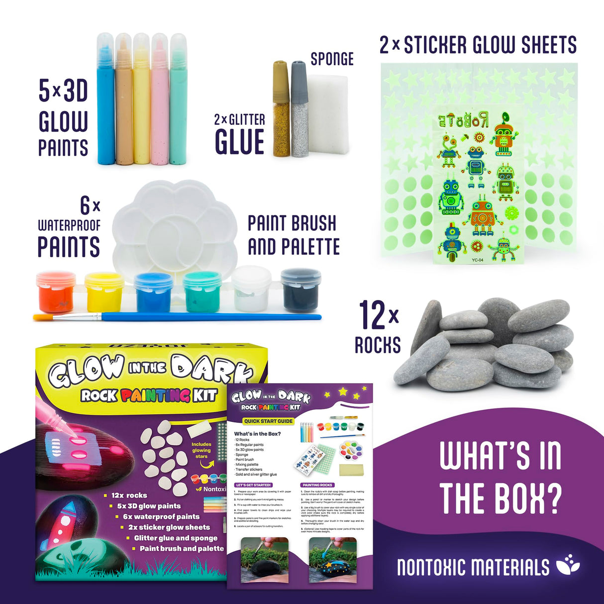 JOYEZA Rock Painting Kit Glow in The Dark, Arts and Crafts for Girls and Boys Age 6+, 12 Painting Rocks for Kids, Waterproof Paints, Kids Activities JOYEZA