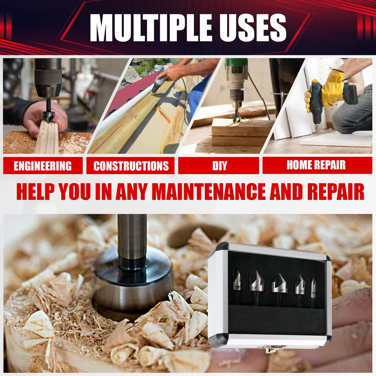 wesleydrill 5 pcs Countersink Drill Bit Set，82 Degree Counter Sink， Fit for Sink Holes into Most Machinable Metals, Plywood, Softwood, Hardwood, wesleydrill