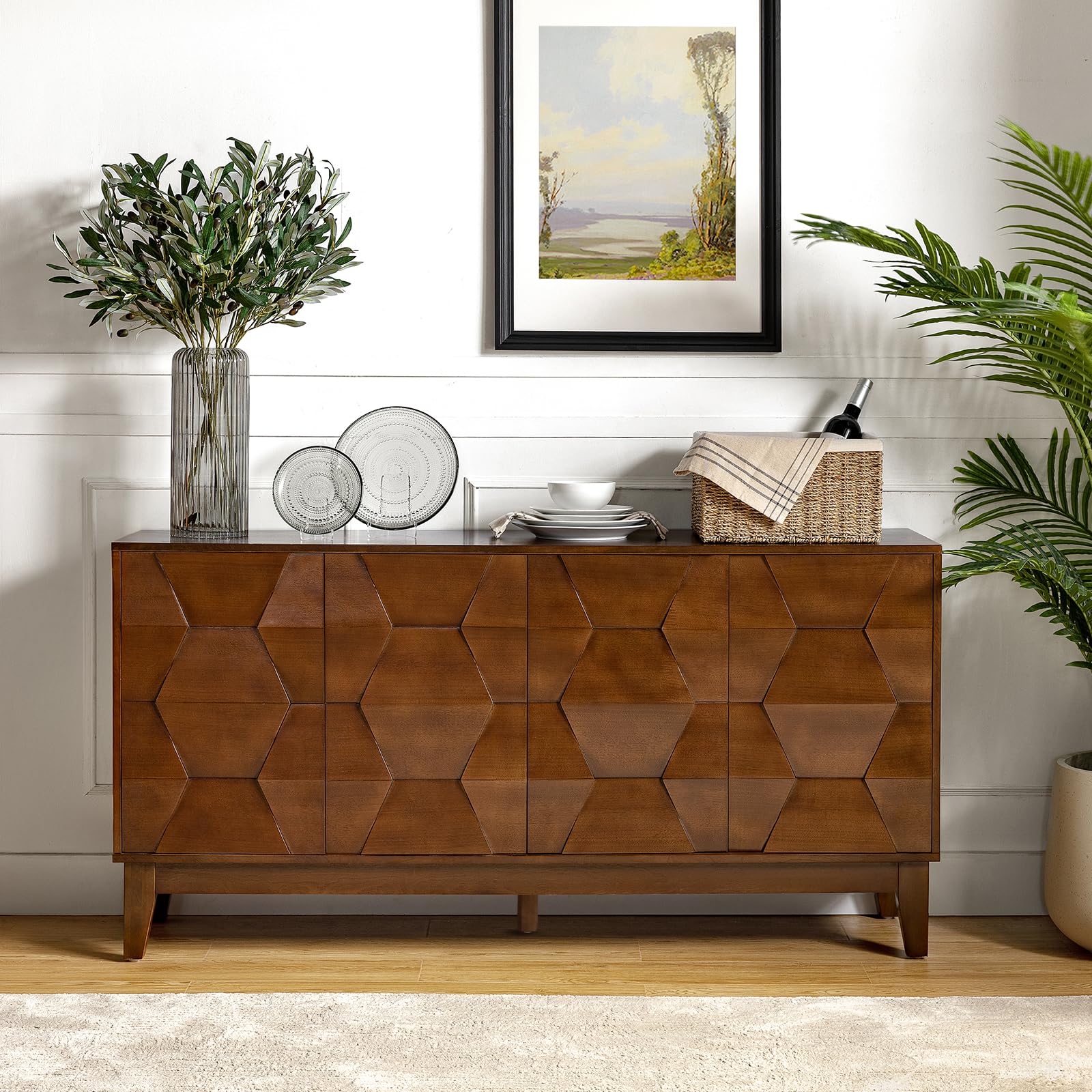 HULALA HOME Modern Sideboard Buffet Cabinet with Solid Wood Legs, 60" Kitchen Storage Cabinet Credenza with 4 Doors and 2 Interior Shelves, Accent - WoodArtSupply