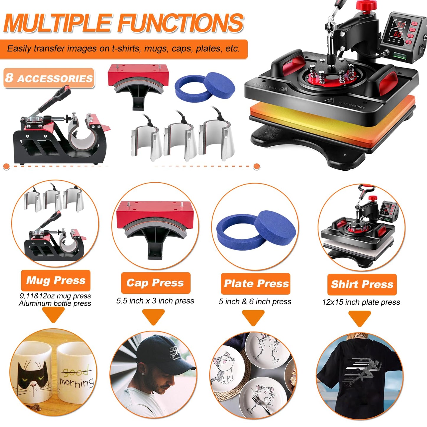 AKEYDIY 8 in 1 Heat Press, 12x15 Heat Press Machine for Tshirts, 360° Swing Away Shirt Press Machine for Sublimation, Multifunction Heat Press