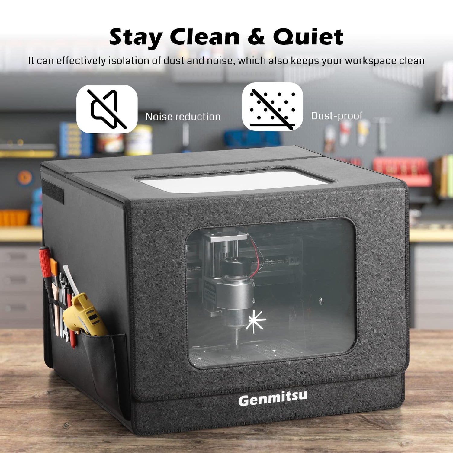 Genmitsu KABA Fold CNC Enclosure for CNC Router Machine- Noise Reduction, Dustproof, Foldable, with Side Toolbar, Compatible with Genmitsu 3020-PRO Genmitsu