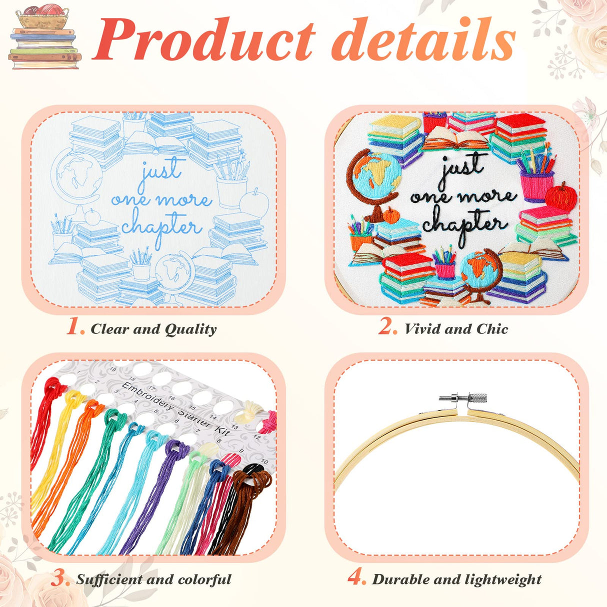 4 Set Embroidery Kit for Beginners Adults Cross Stitch Embroidery Kit for Book Lovers DIY Needlepoint Kit with Book Patterns, Instructions, Unittype