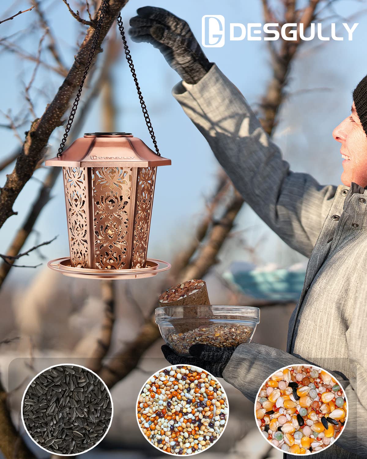 Solar Bird Feeders for Outdoors Hanging - Premium Grade Metal Bird Feeder, Chew-Proof, Weather and Water Resistant Wild Bird feeders, Outside and DesGully