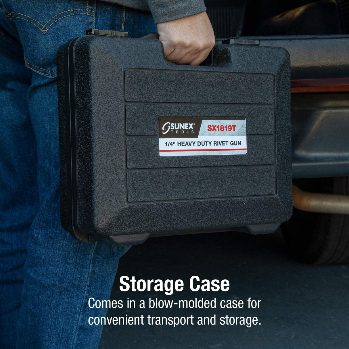 SUNEX TOOLS SX1819T, Heavy Duty Rivet Gun, Sets 3/16” and ¼” Rivets, 3690 lbs Traction Power, Nose Pieces Included, Forged Aluminum Handle, Storage Sunex Tools