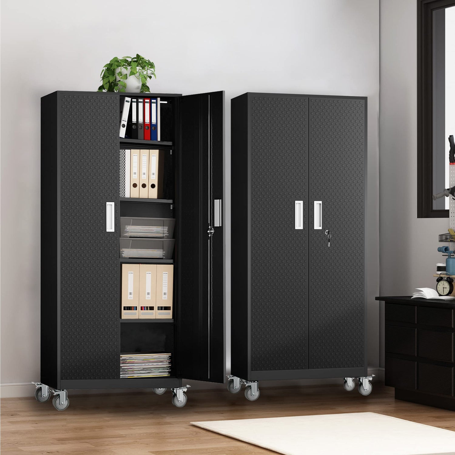 Metal Storage Cabinets Locker for Home Office, 72" Garage Storage Cabinet with Wheels, Lockable Door & Adjustable Shelves, Tall Large Steel Cabinet kingwolfox