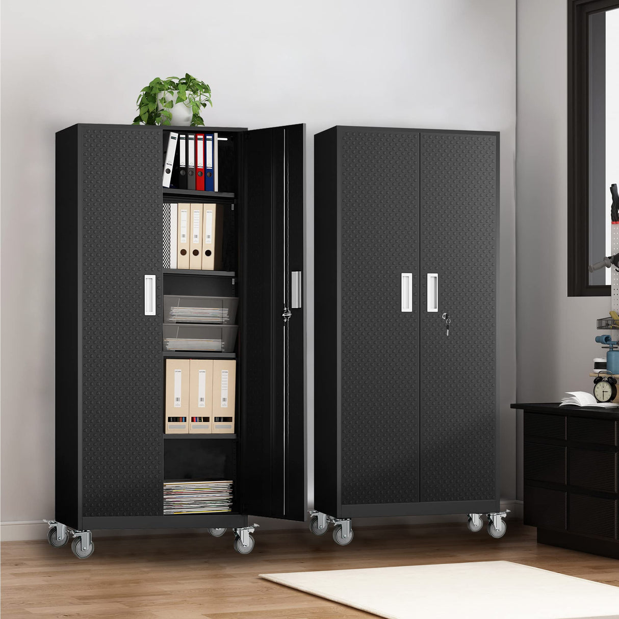 Metal Storage Cabinets Locker for Home Office, 72" Garage Storage Cabinet with Wheels, Lockable Door & Adjustable Shelves, Tall Large Steel Cabinet kingwolfox