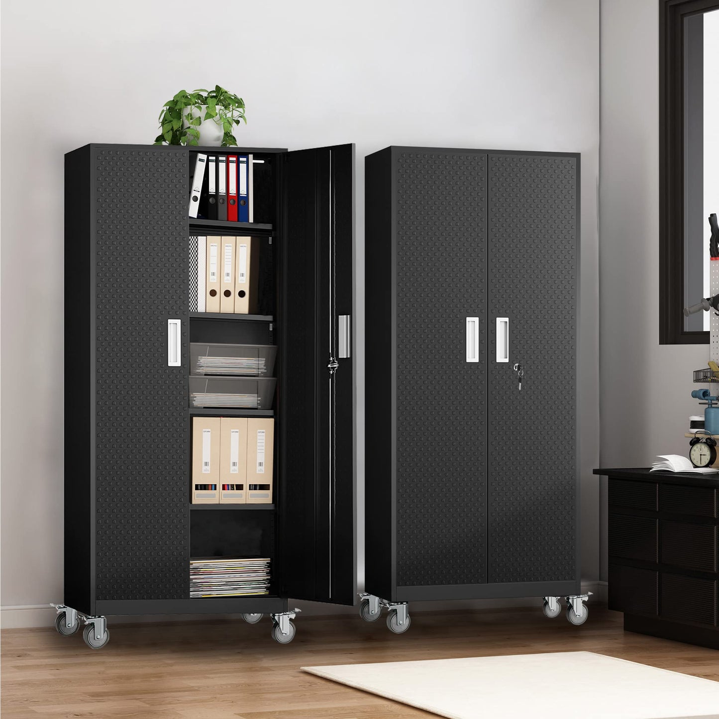 Metal Storage Cabinets Locker for Home Office, 72" Garage Storage Cabinet with Wheels, Lockable Door & Adjustable Shelves, Tall Large Steel Cabinet