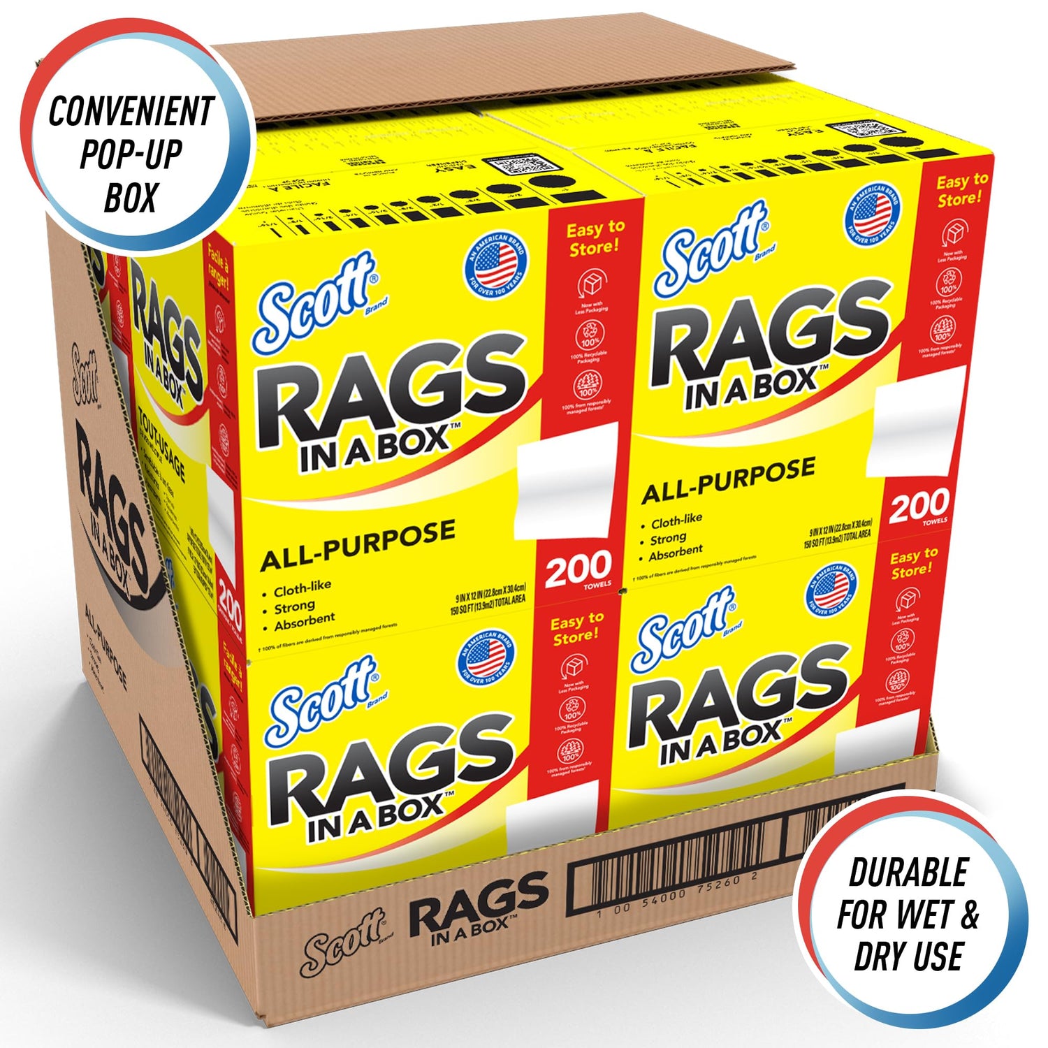 Scott® Rags In A Box™ (75260), White, 200 Shop Towels/Box, 8 Boxes/Case, 1,600 Towels/Case SCOTT SHOP ORIGINAL