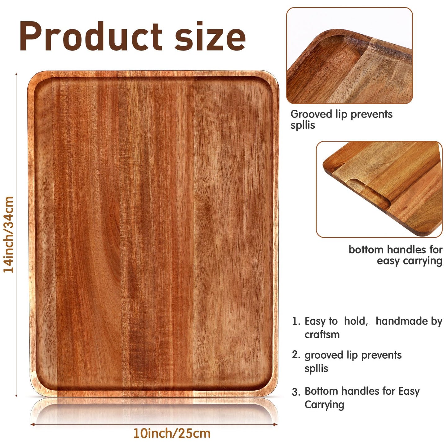 5 Pack Solid Acacia Wood Serving Trays, Rectangular Wooden Serving Board for Food Appetizer Serving Tray Plates for Vegetables Fruit Charcuterie