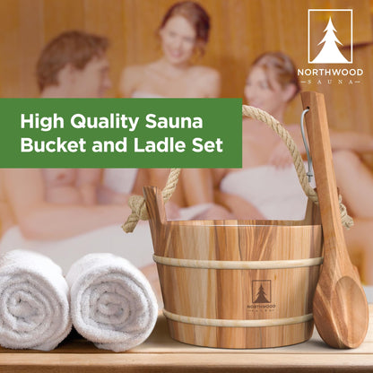 NORTHWOOD Sauna Bucket and Ladle Set - Handmade from Canadian Red Cedar Wood - Plastic Liner and Rope Handle