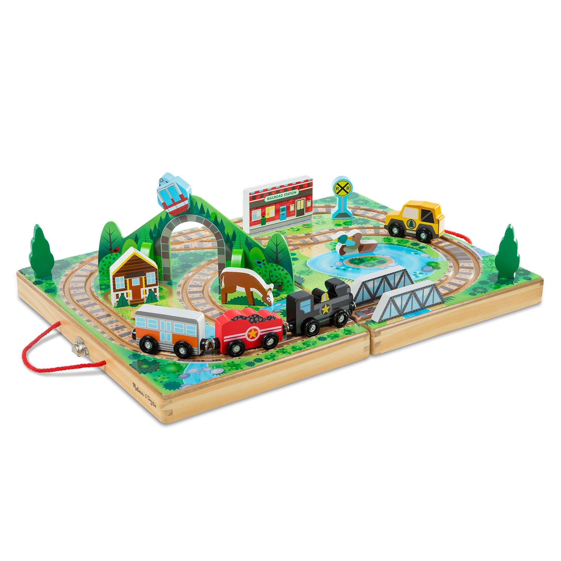 Melissa & Doug 17-Piece Wooden Take-Along Tabletop Railroad, 3 Trains, Truck, Play Pieces, Bridge - Wooden Train Sets For Kids Ages 3+ - WoodArtSupply