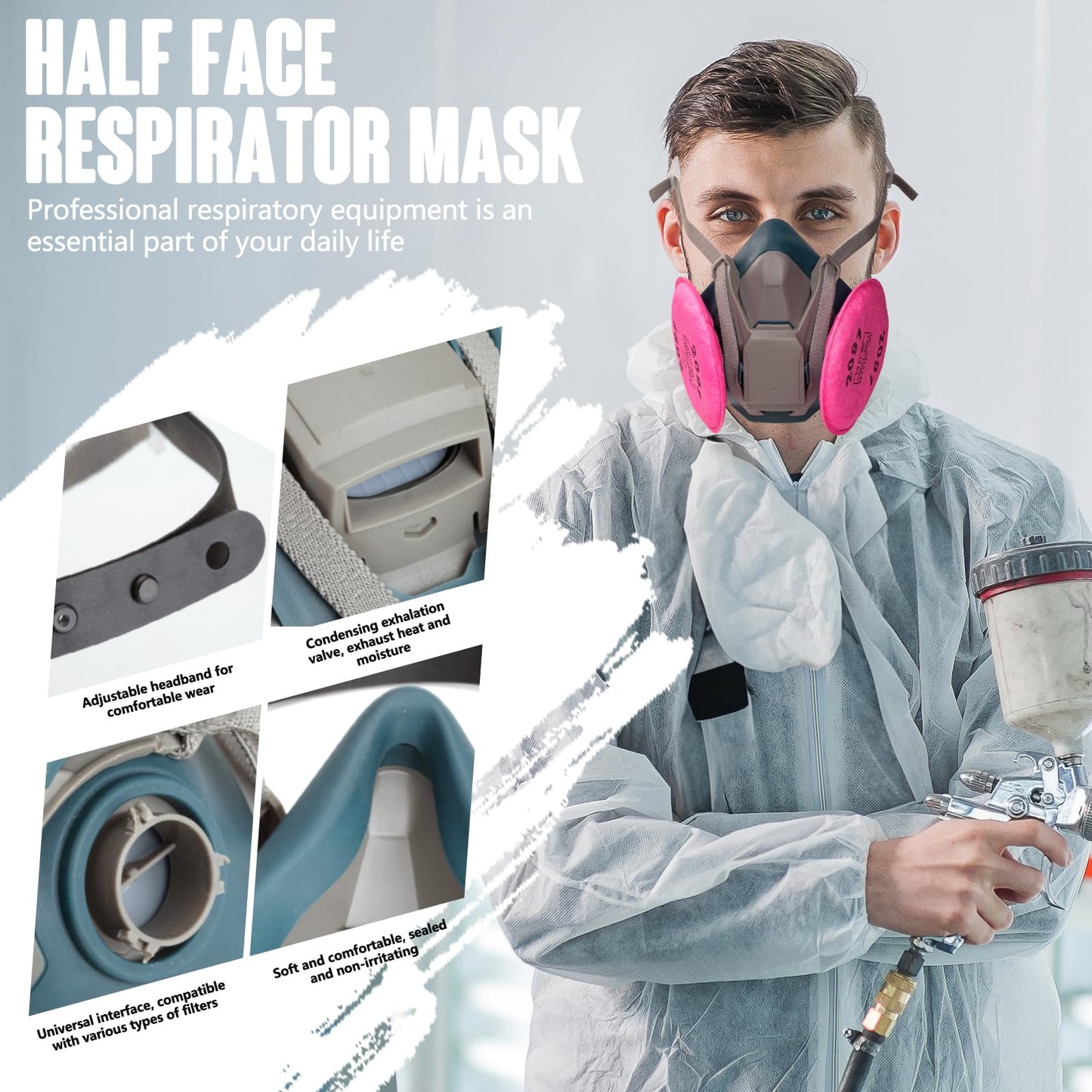 Urjoai Quick Latch Half Mask Respirator 6502QL - Reusable Respirator Mask with 2097 Filters Against Gases, Dust, Asbestos, Lead Paint, Fumes, Respirator Mask for Chemicals Epoxy Resin Paint Welding