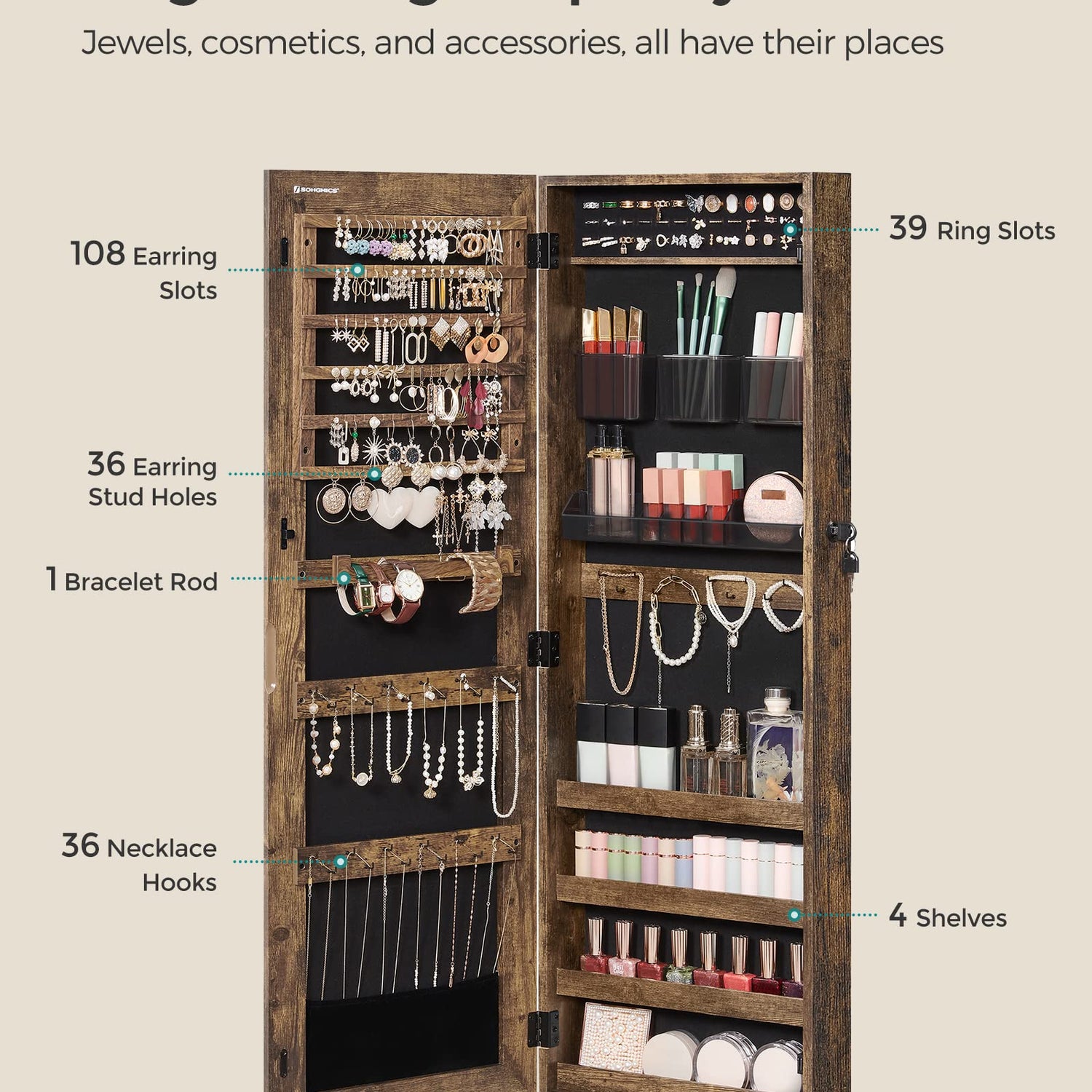 SONGMICS Jewelry Cabinet Armoire, Lockable Wall-Mounted Storage Organizer Unit with 2 Plastic Cosmetic Trays, Full-Length Frameless Mirror, Textured SONGMICS