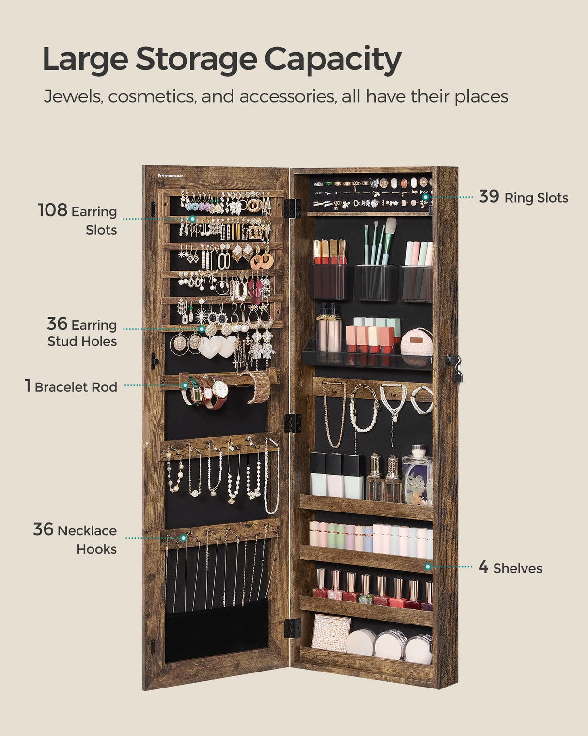 SONGMICS Jewelry Cabinet Armoire, Lockable Wall-Mounted Storage Organizer Unit with 2 Plastic Cosmetic Trays, Full-Length Frameless Mirror, Textured SONGMICS