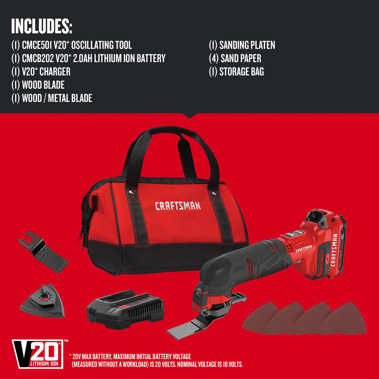 CRAFTSMAN V20 Cordless Multi-Tool, Oscillating Tool Kit, Blades, Sand Paper, Battery and Charger Included (CMCE501D1) Craftsman