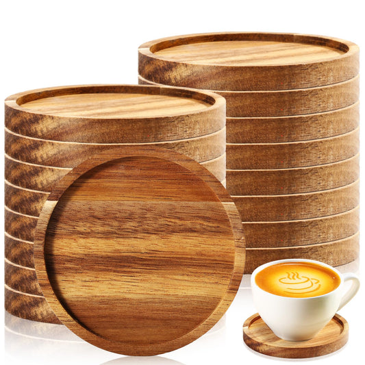 Zhehao 16 Pcs Acacia Round Wood Coasters 4 Inch Wooden Drink Coasters Bulk Stackable Reusable Coasters for Coffee Table Protection Housewarming Gifts - WoodArtSupply