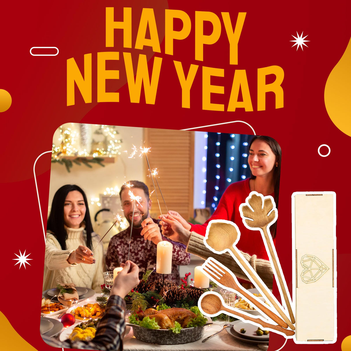 JABIHOME 4 Wooden Spoons and Forks Set, Hostess Gifts for Women, Mens Easter Gifts, Cooking Gifts for Women, Easter Gifts for Mom, Engagement Gifts Jabihome