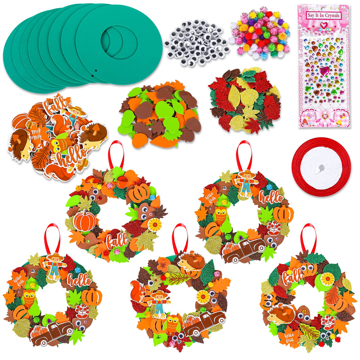 Whaline 12 Kits Fall Leaf Wreath Craft Kits Glitter Thanksgiving 3D Foam Wreath Signs with Maple Leaves Pumpkin Wiggle Eyes for Kids DIY Crafts Fall Whaline