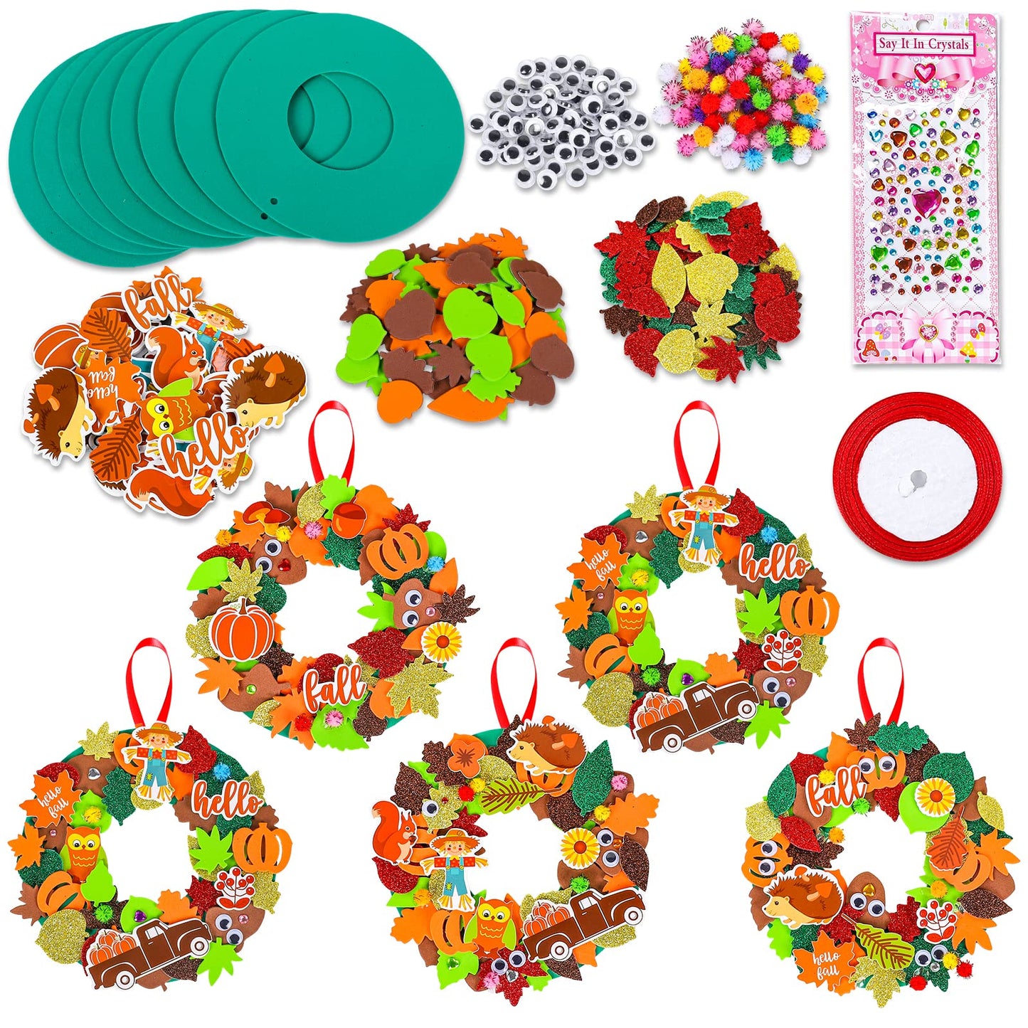 Whaline 12 Kits Fall Leaf Wreath Craft Kits Glitter Thanksgiving 3D Foam Wreath Signs with Maple Leaves Pumpkin Wiggle Eyes for Kids DIY Crafts Fall - WoodArtSupply