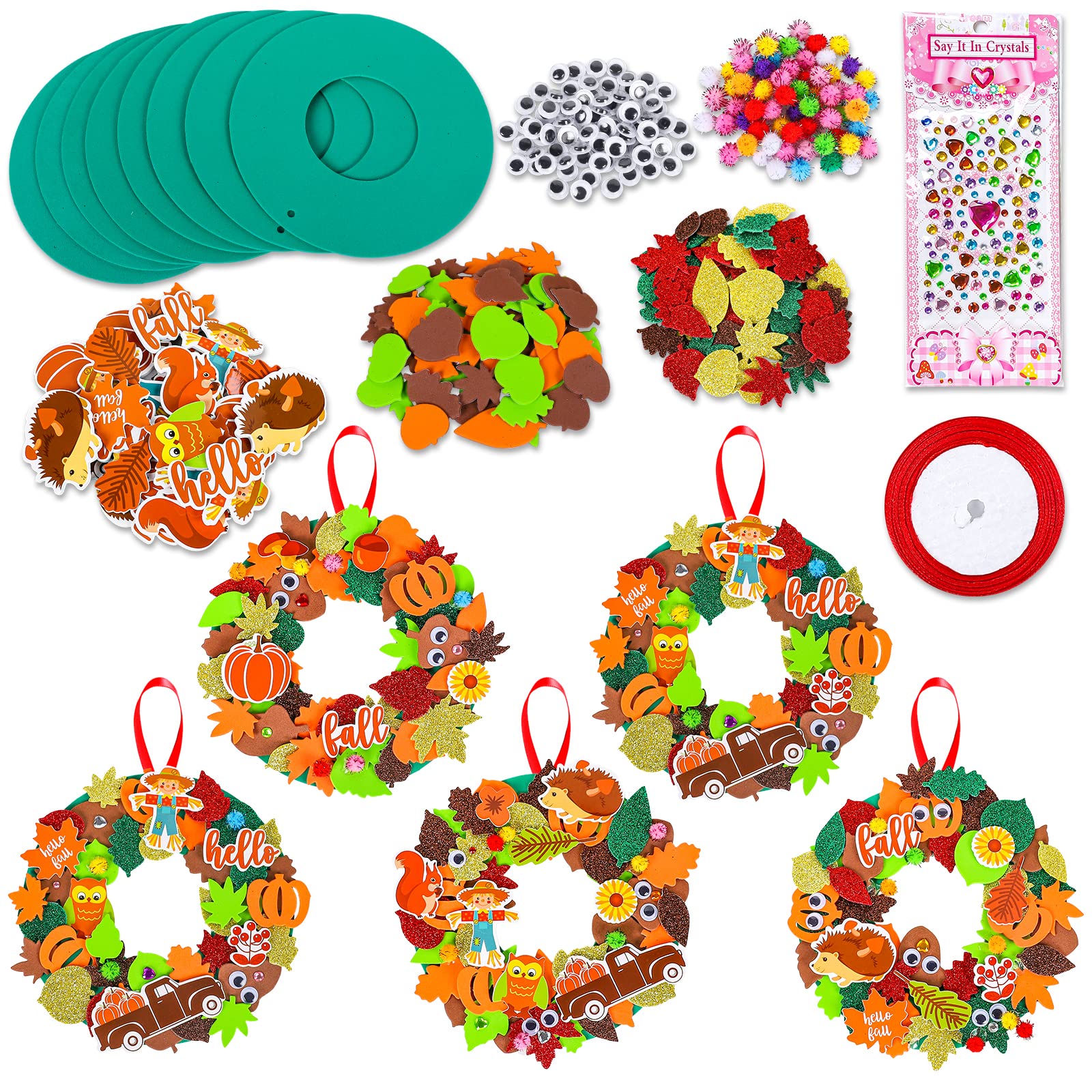 Whaline 12 Kits Fall Leaf Wreath Craft Kits Glitter Thanksgiving 3D Foam Wreath Signs with Maple Leaves Pumpkin Wiggle Eyes for Kids DIY Crafts Fall - WoodArtSupply