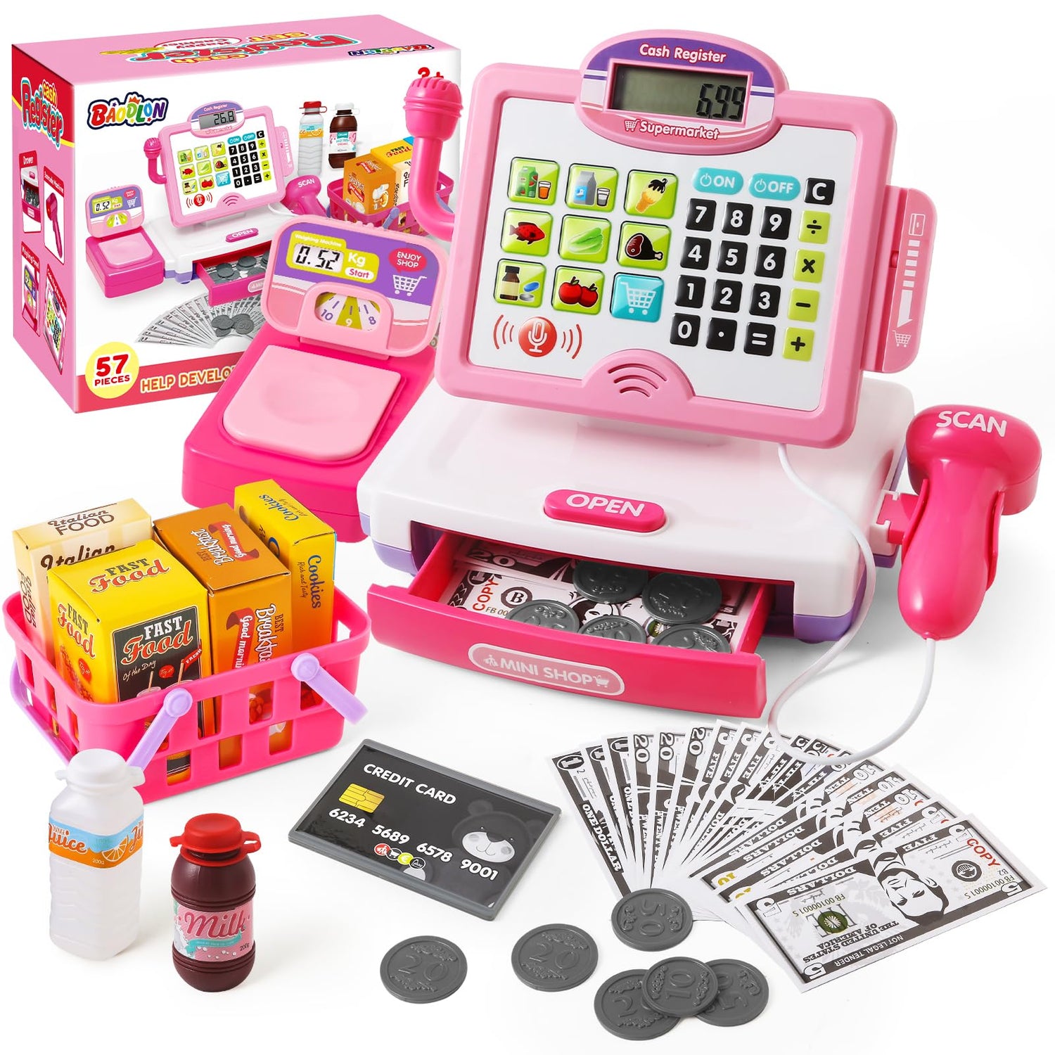 Pretend Play Calculator Cash Register Toy Gift for Kids Girls Age 3, 4, 5, 6, 7, 8+ Year Old, 57 Pcs Pink Grocery Store Playset, Incl Microphone, BAODLON