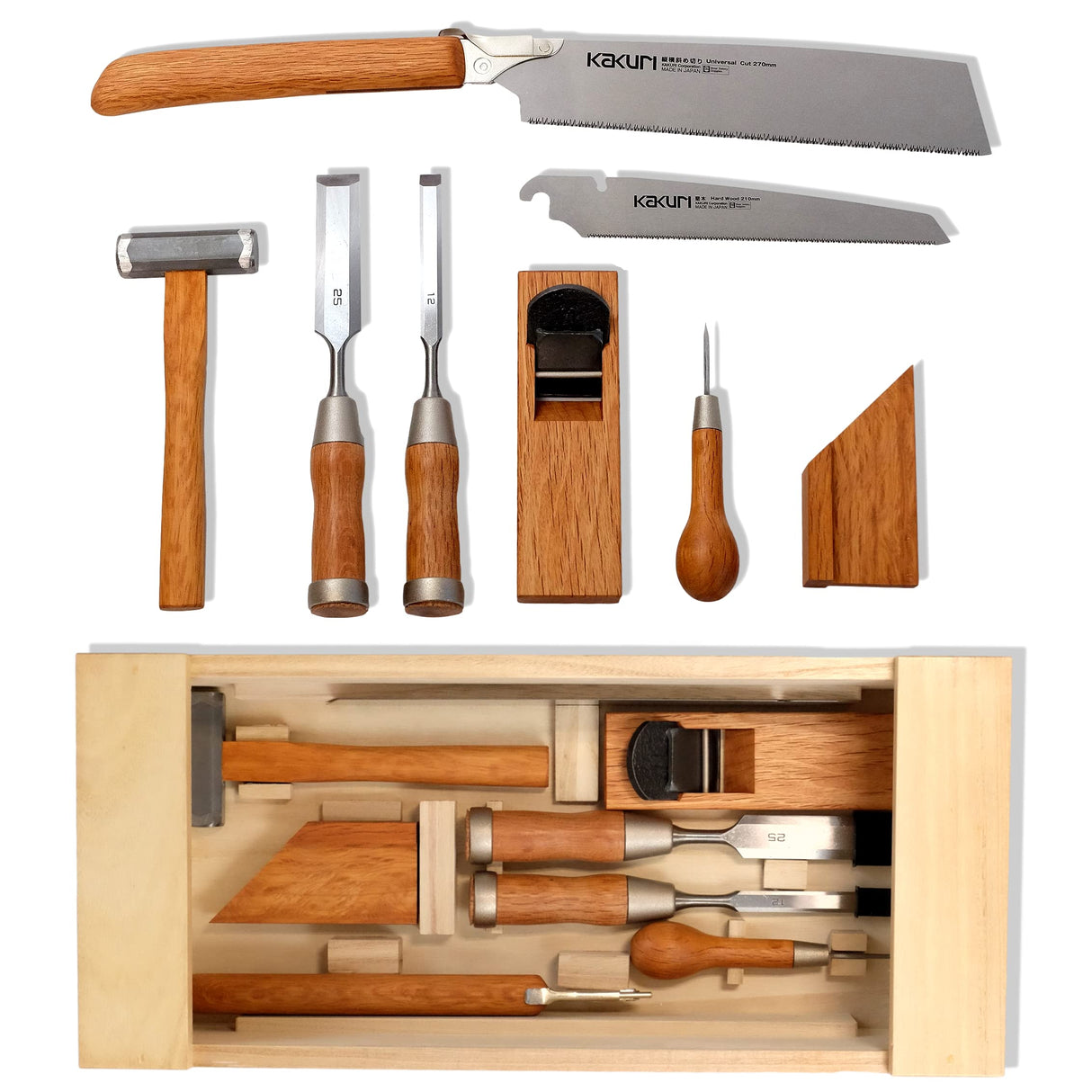 KAKURI Japanese Woodworking Tool Set, Professional Carpentry Tool Kit 8 Pcs (Japanese Pull Saws, Hammer, Chisels, Plane, Auger, Square), Japanese Red KAKURI