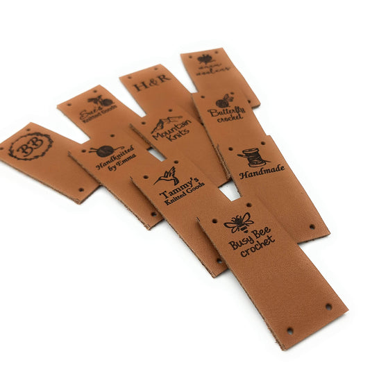 Folding leather labels, knitting labels, personalized logo labels, crochet labels, custom made logo labels, branding leather tags, set of 25 - WoodArtSupply