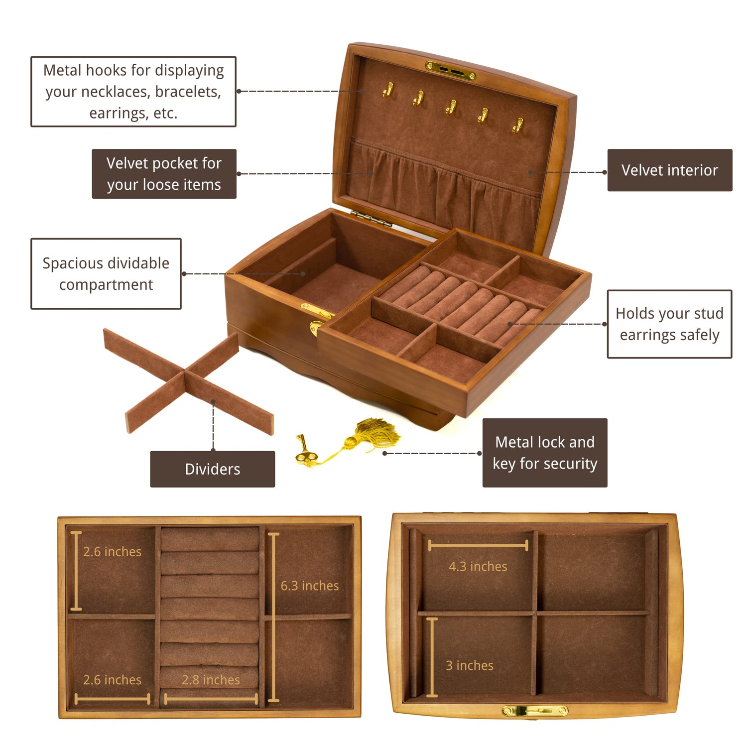 EURIELK Wooden Jewelry Box with Lock & Key for Women, Medium Size Real Natural Wood Lockable Antique Girls Organizer Boxes with Large Storage, Big EURIELK