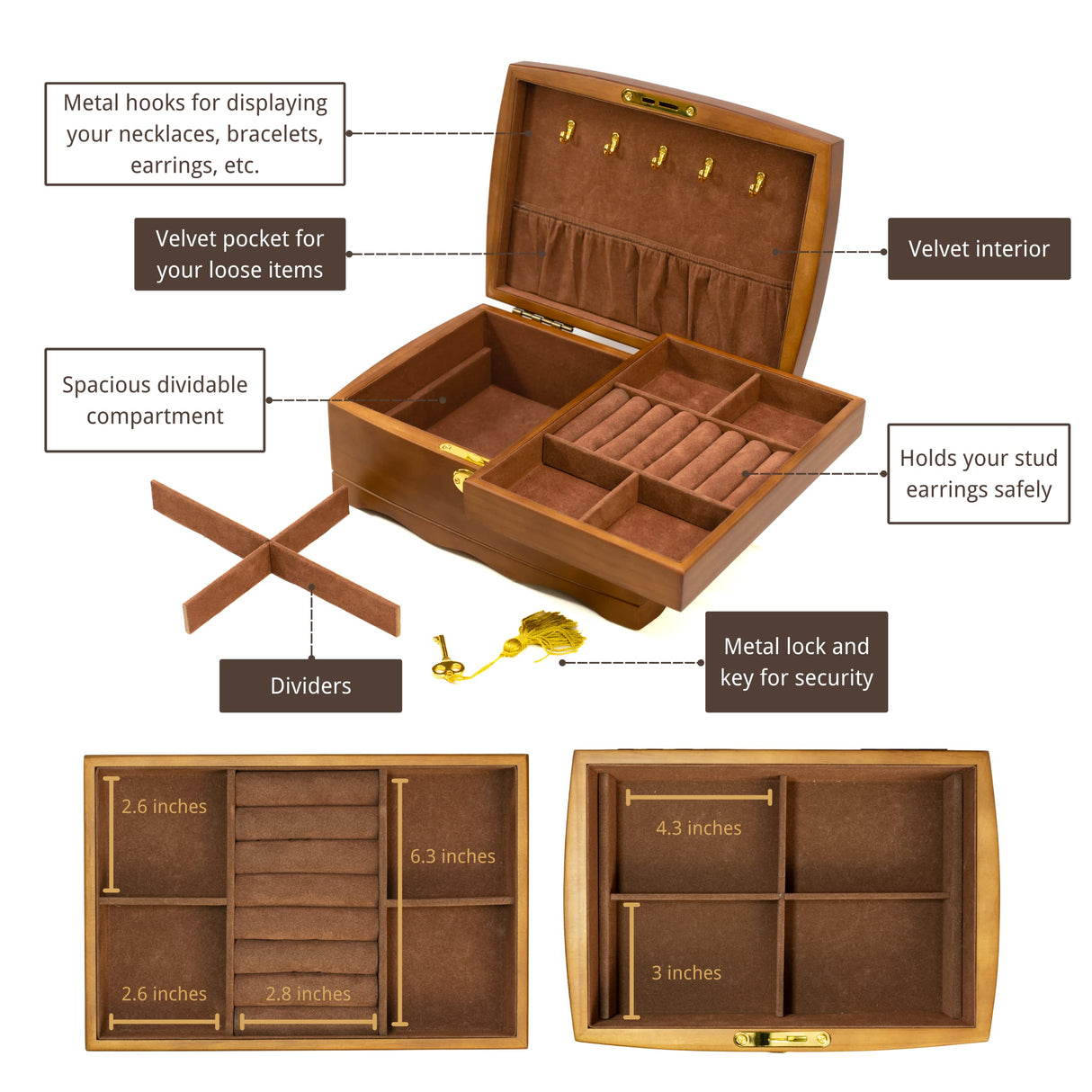 EURIELK Wooden Jewelry Box with Lock & Key for Women, Medium Size Real Natural Wood Lockable Antique Girls Organizer Boxes with Large Storage, Big EURIELK