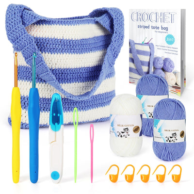 Katech Crochet Kit for Beginners, Striped Tote Bag Crochet Set Includes Crochet Yarn Crochet Hooks,Complete Crochet Step-by-Step Guide Needles
