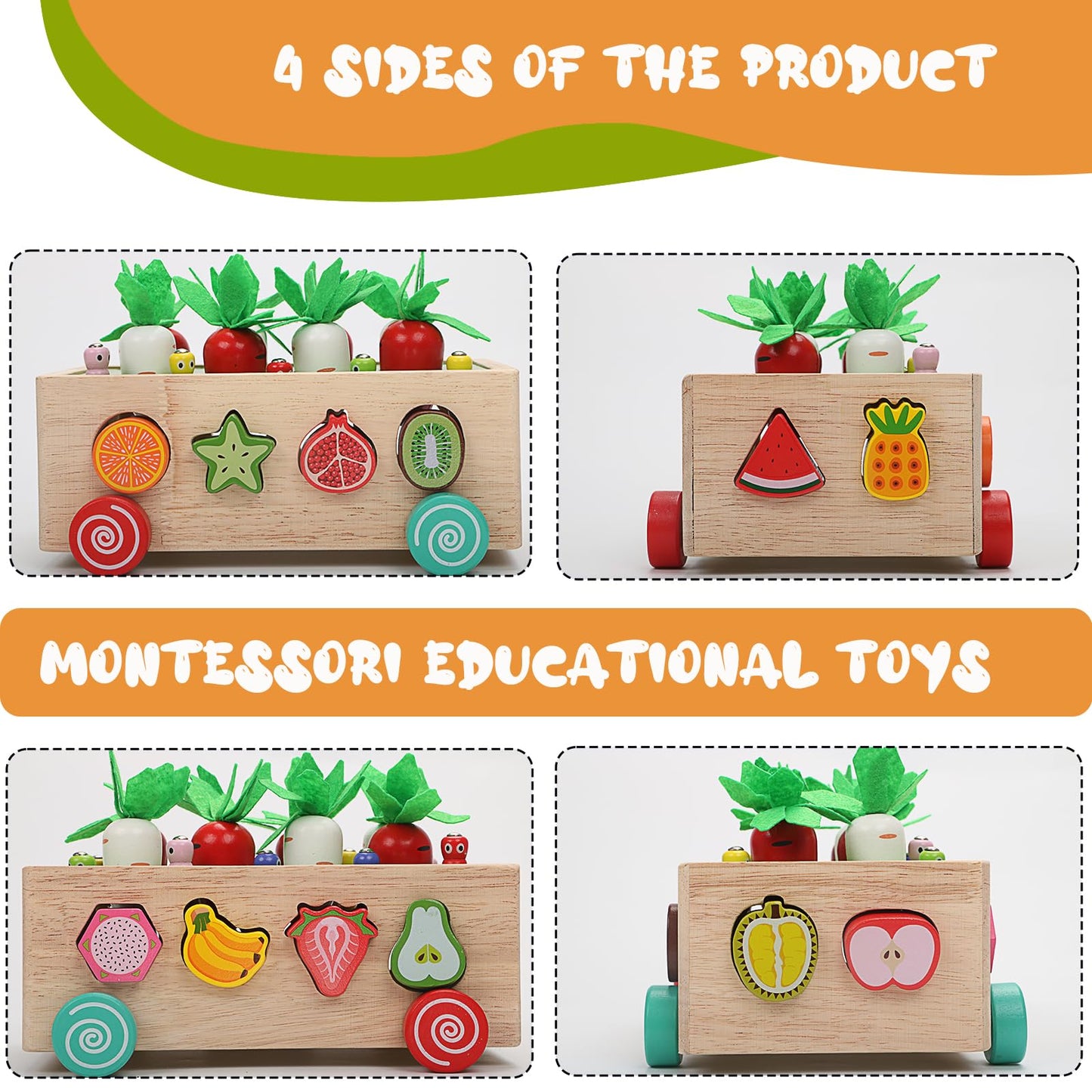 Montessori Wooden Educational Toys for 1 2 3 4 Year Old Baby Boys Girls, Wood Carrot Harvest Orchard Car Shape Sorting Toys 1st Birthday Gifts for