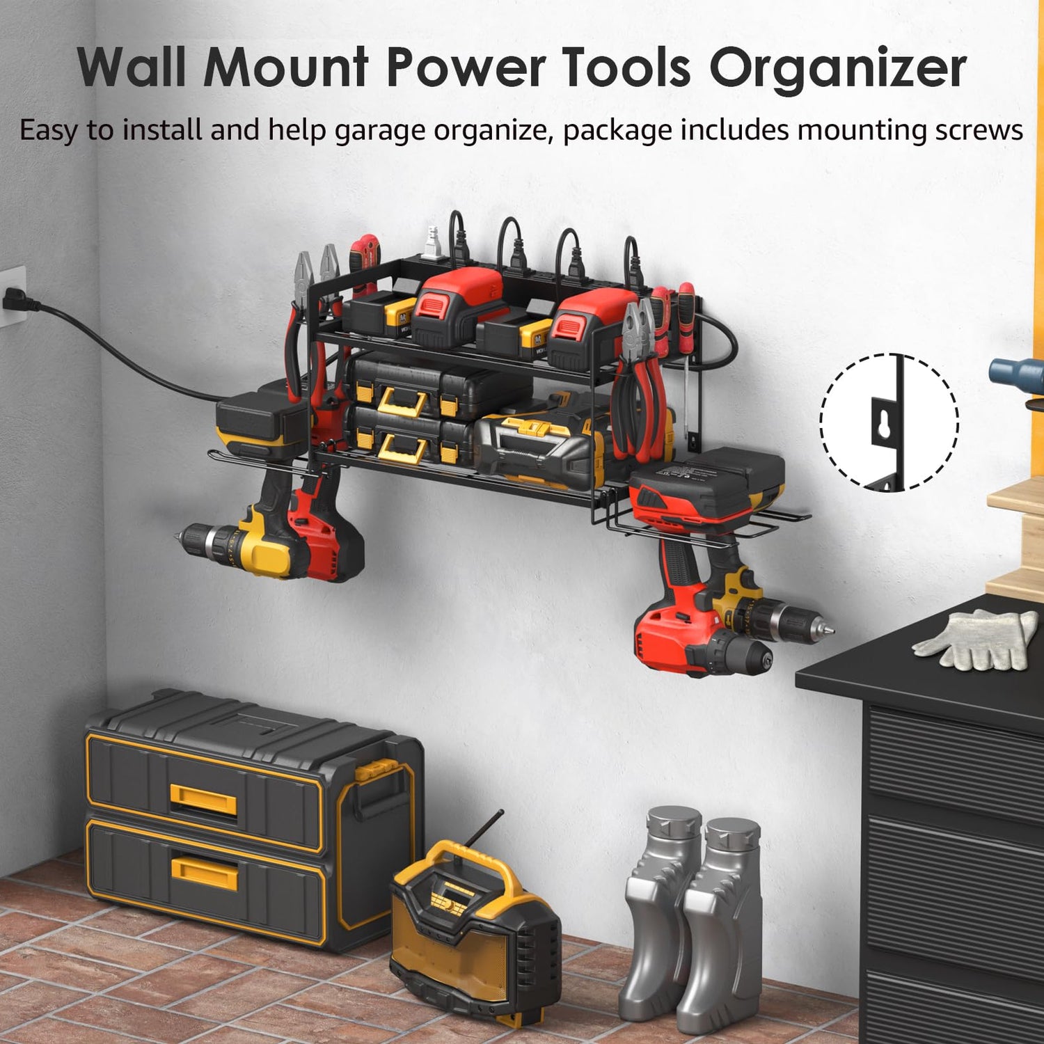 CCCEI Garage Tools Storage with Charging Station. Power Tool Battery Organizer Utility Shelf with Power Strip. 4 Drills Holder Wall Mount Rack, CCCEI