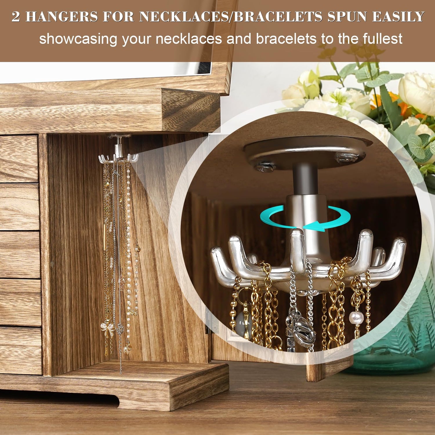 Miratino Jewelry Box for Women Girls, Rustic Wooden Jewelry Organizer Box with Mirror, 5 Layer Jewelry Storage Case Display for Necklaces Earrings Miratino