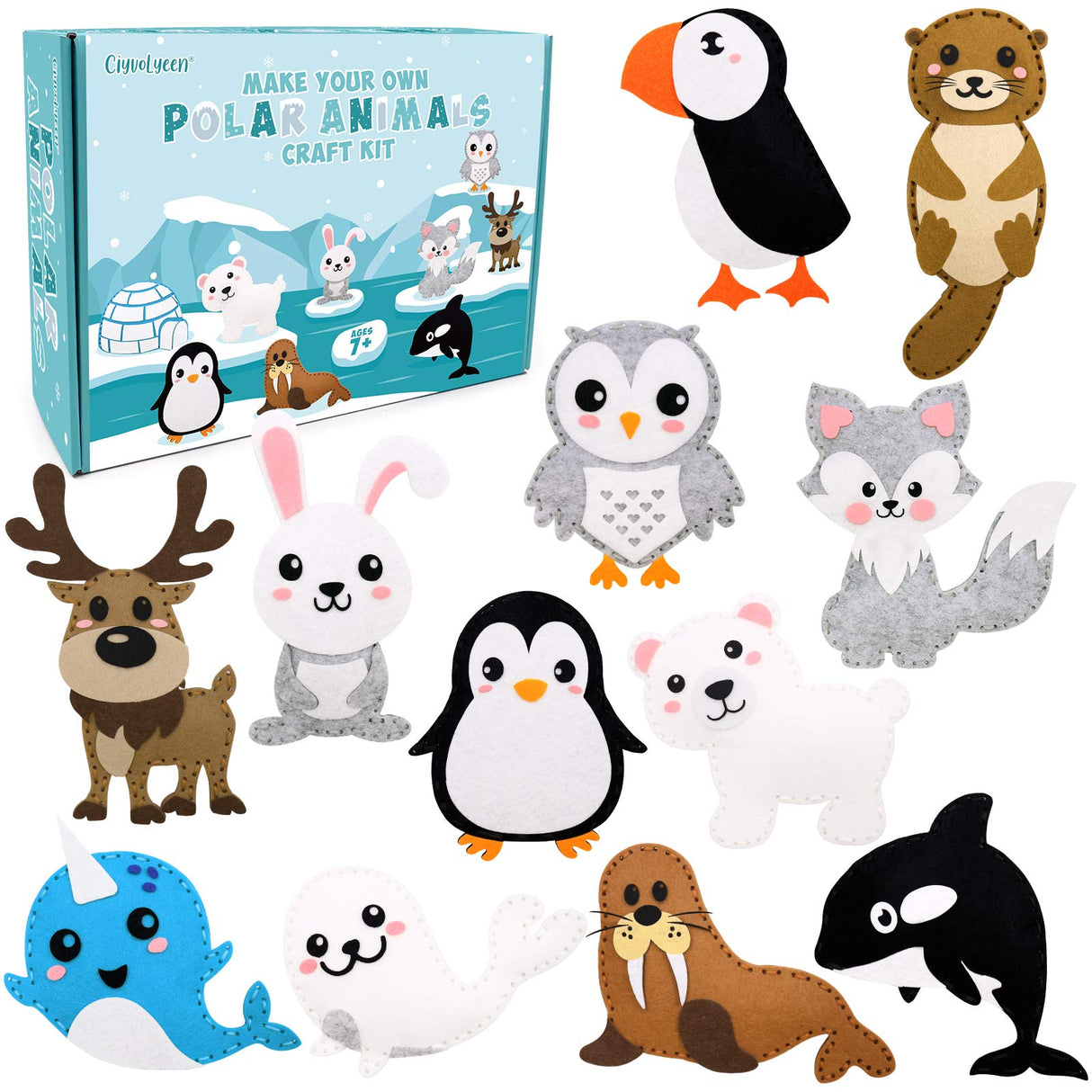 CiyvoLyeen Polar Animals Sewing Kit for Kids Make Your Own Winter Polar Animals Felt Plush Craft Kit Includes 14 Creative Projects to Sewing CiyvoLyeen
