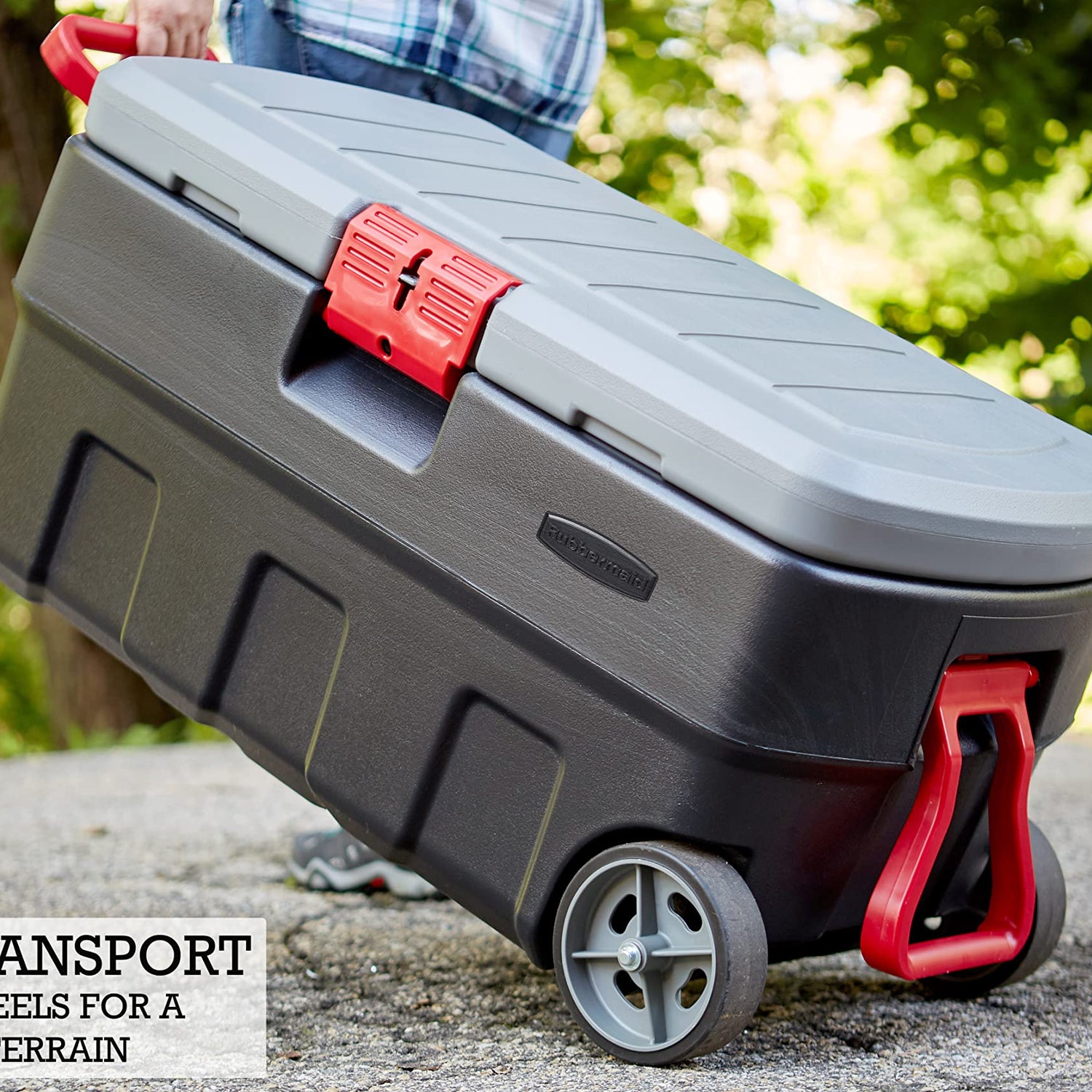 Rubbermaid ActionPacker 35 Gal Wheeled Lockable Storage Bin with Lid, Heavy-Duty Water Repellent Industrial Container with Built-In Durable Wheels, Rubbermaid