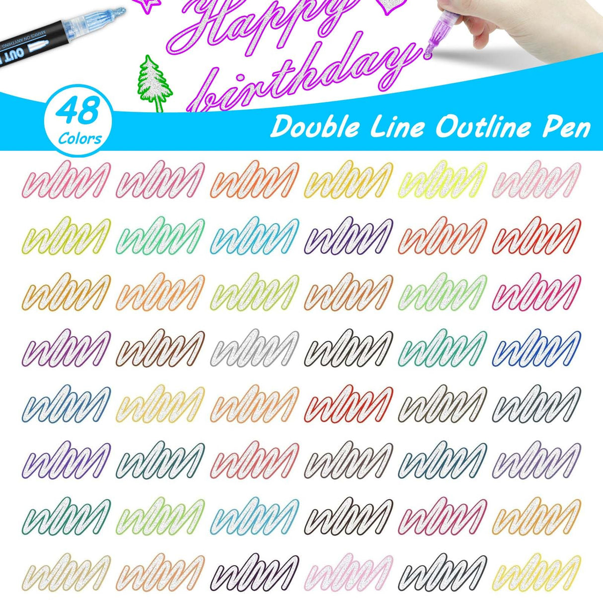 Double Line Outline Markers, 48Colors Super Squiggles Shimmer Outline Marker Pen Set, Self Outline Metallic Markers Glitter Writing Drawing Pens for Hoxida