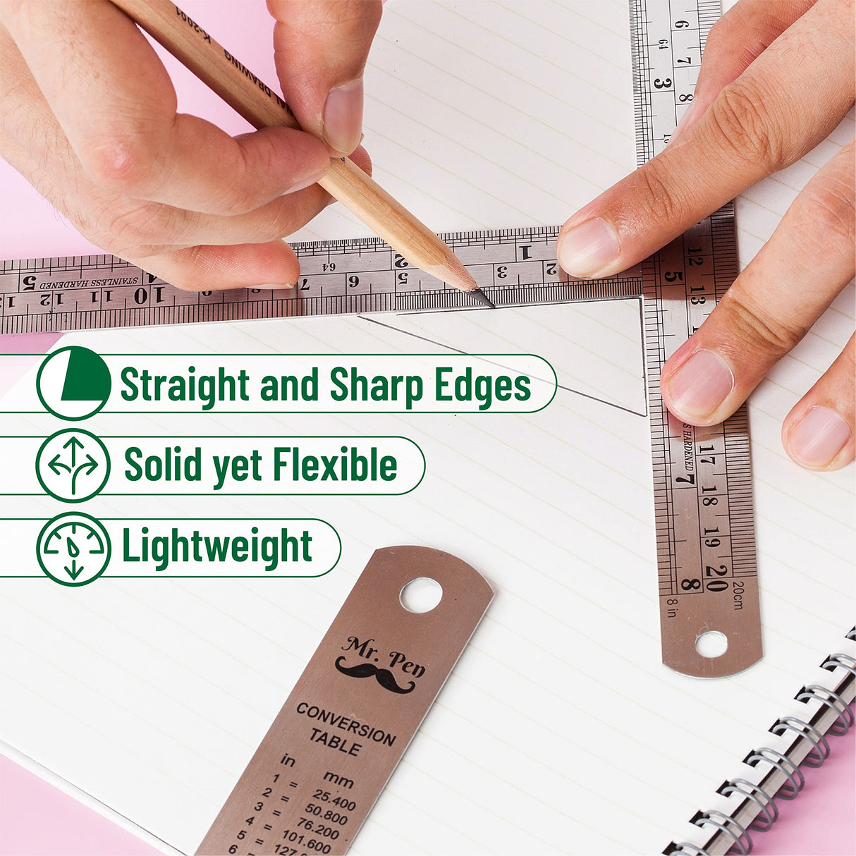 Mr. Pen Steel Rulers, 6, 8, 12, 14 inch Metal Rulers, Pack of 4 Mr. Pen