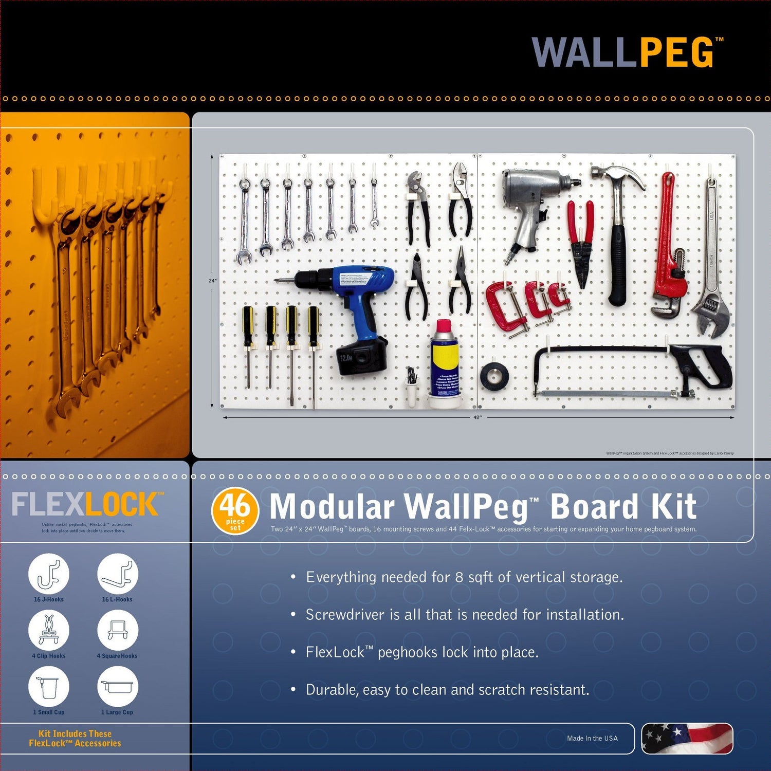 WallPeg Pegboard Tool Organizer with Flex-Lock Peg Hooks PK 24242 W - Organizes Tools - Crafts - Mounted Sixe 48" x 24" - Pegboard Panels - Garage WallPeg