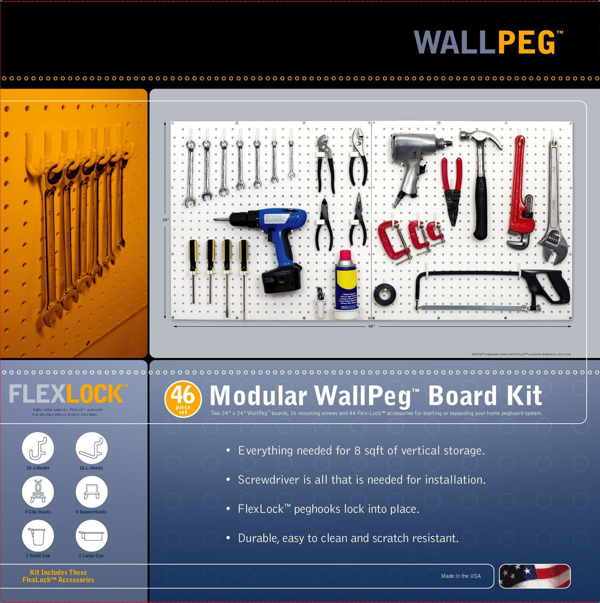 WallPeg Pegboard Tool Organizer with Flex-Lock Peg Hooks PK 24242 W - Organizes Tools - Crafts - Mounted Sixe 48" x 24" - Pegboard Panels - Garage WallPeg