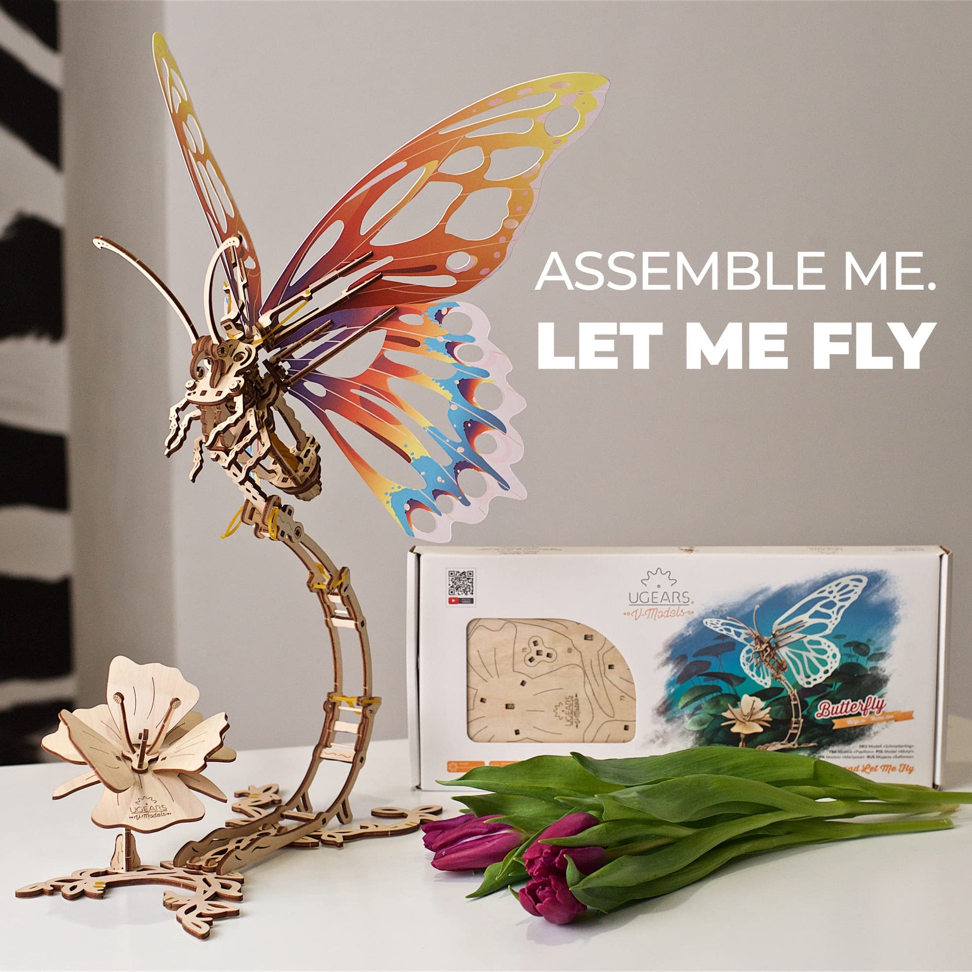 Ugears Butterfly 3D Mechanical Model Self-Assembling Wooden Miniature DIY Set Wooden Box Brainteaser - WoodArtSupply