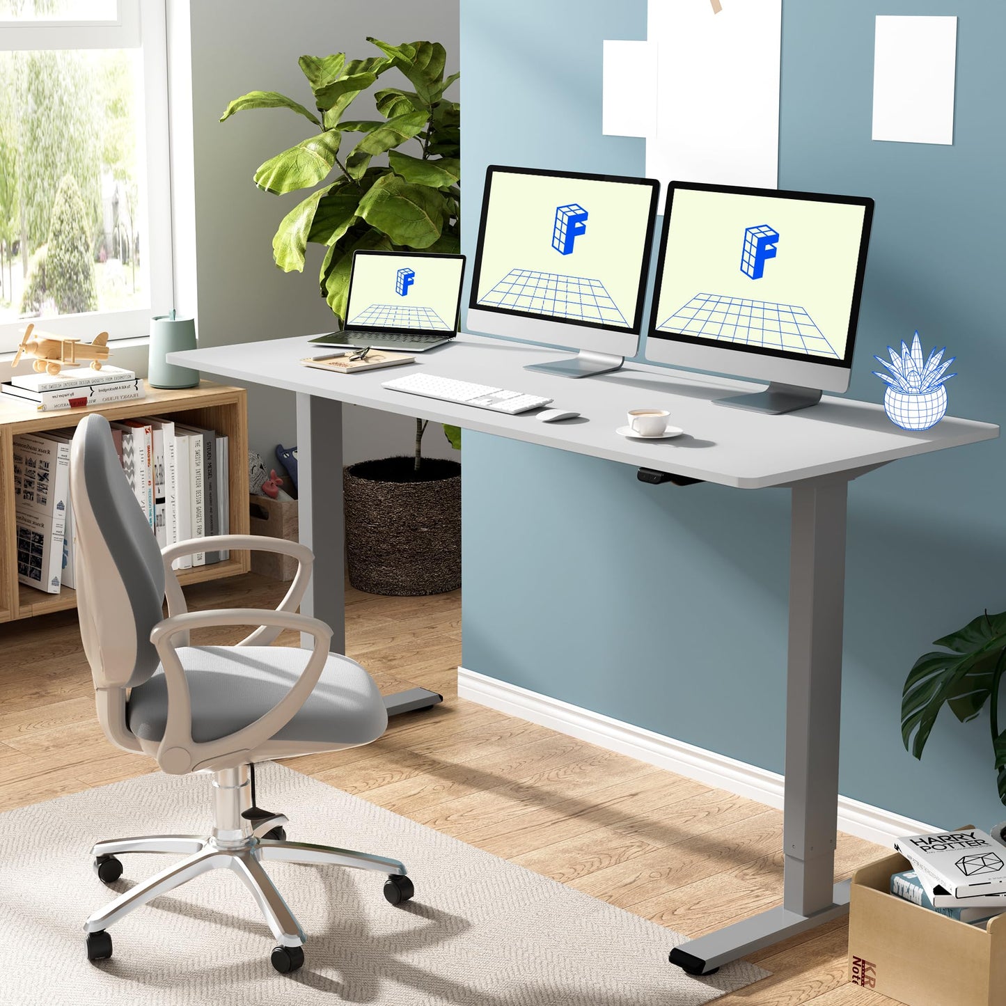 FLEXISPOT Adjustable Desk 60 x 24 Inches Stand Up Desk Workstation Electric Height Adjustable Standing Desk with Splice Board (Gray Frame + 60 inches