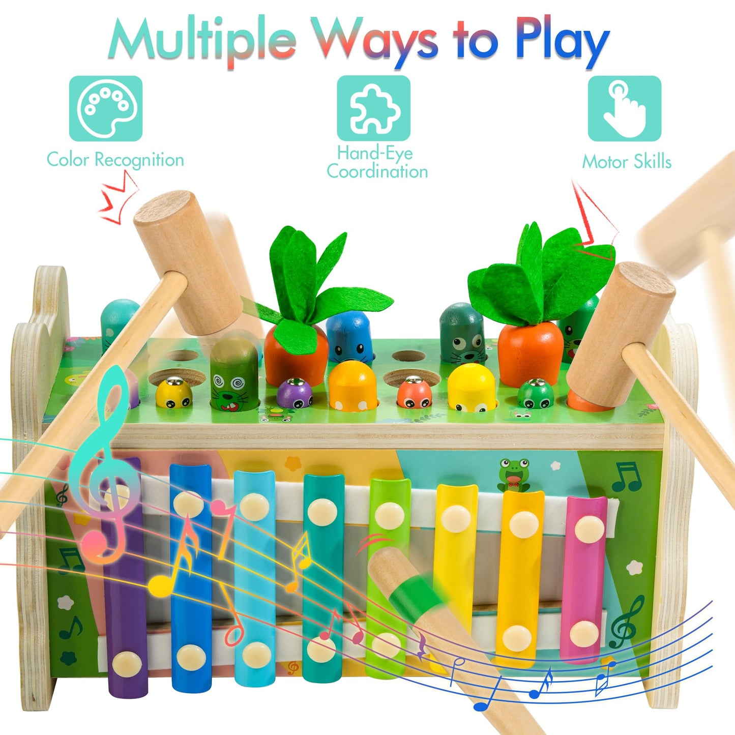 6 in 1 Wooden Montessori Toys for 1 Year Old Whack a Mole Game Hammering Pounding Toy with Xylophone Carrot Harvest Game Learning Developmental Toys