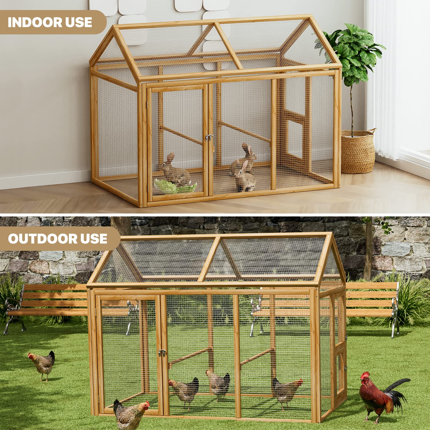 MoNiBloom Outdoor Chicken Coop Large Hen House Poultry Cage with Roosting Rods, Farmhouse Backyard Wood Rabbit Hutch Small Pets Playpens Spire Shaped MoNiBloom