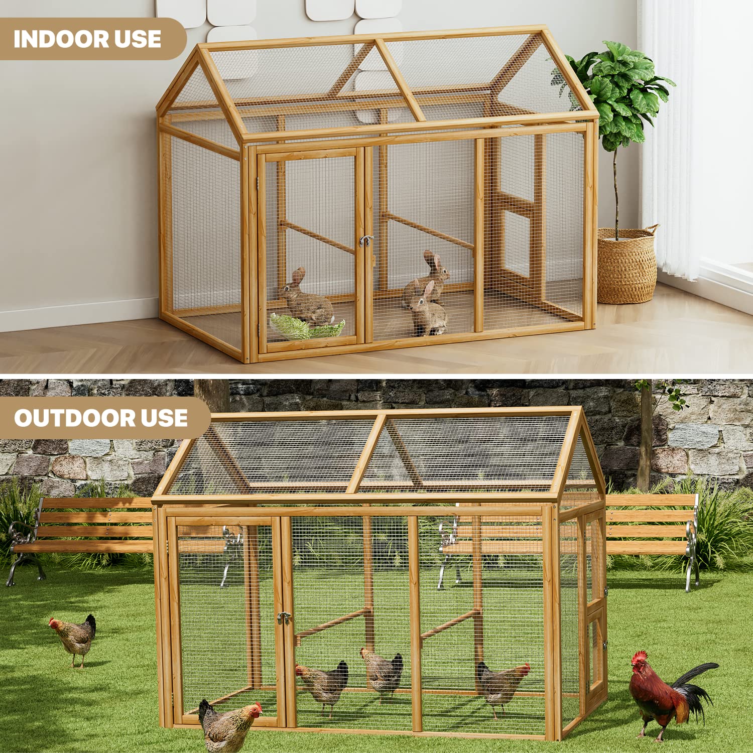 MoNiBloom Outdoor Chicken Coop Large Hen House Poultry Cage with Roosting Rods, Farmhouse Backyard Wood Rabbit Hutch Small Pets Playpens Spire Shaped - WoodArtSupply