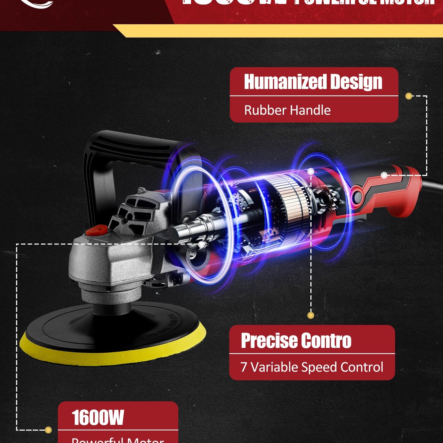 SILVEL Buffer Polisher, 1600W 7 Inch/6 Inch Polisher for Car Detailing, Wax Machine, 7 Variable Speed, with 6 Foam Pads, 3 Wool Pads, Packaging Bag, SILVEL