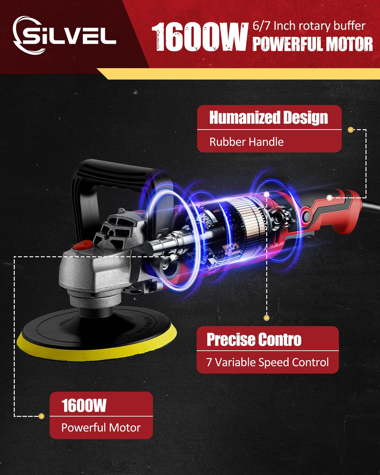 SILVEL Buffer Polisher, 1600W 7 Inch/6 Inch Polisher for Car Detailing, Wax Machine, 7 Variable Speed, with 6 Foam Pads, 3 Wool Pads, Packaging Bag, SILVEL