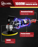 SILVEL Buffer Polisher, 1600W 7 Inch/6 Inch Polisher for Car Detailing, Wax Machine, 7 Variable Speed, with 6 Foam Pads, 3 Wool Pads, Packaging Bag, SILVEL