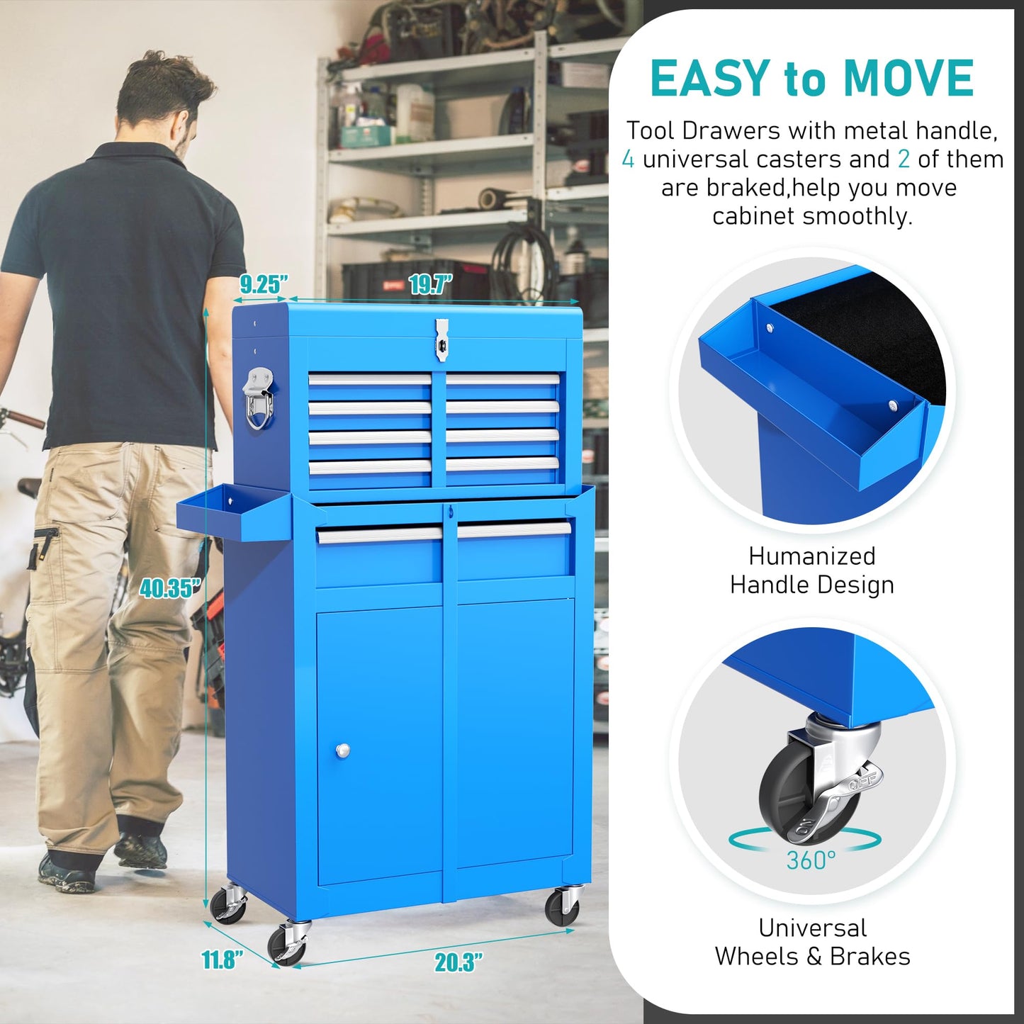 INTERGREAT Blue Tool Chest, 5-Drawer Rolling Tool Chest with Detachable Top Tool Box, Tool Chest with Universal Lockable Wheels, Metal Tool Cart for - WoodArtSupply